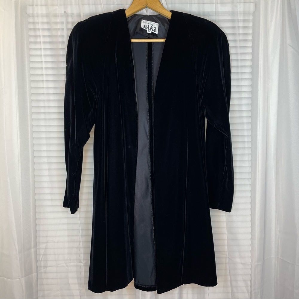 Vintage Velvet Open Front Longline Overcoat Shoulder Pads Black Small